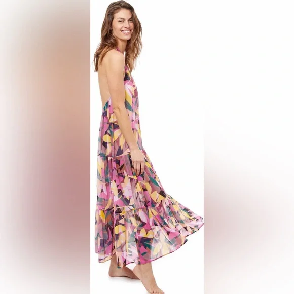 Profile by Gottex XL Pink Floral Gioa Mesh Swim Cover Up Halter Maxi Dress NEW - Picture 5 of 11